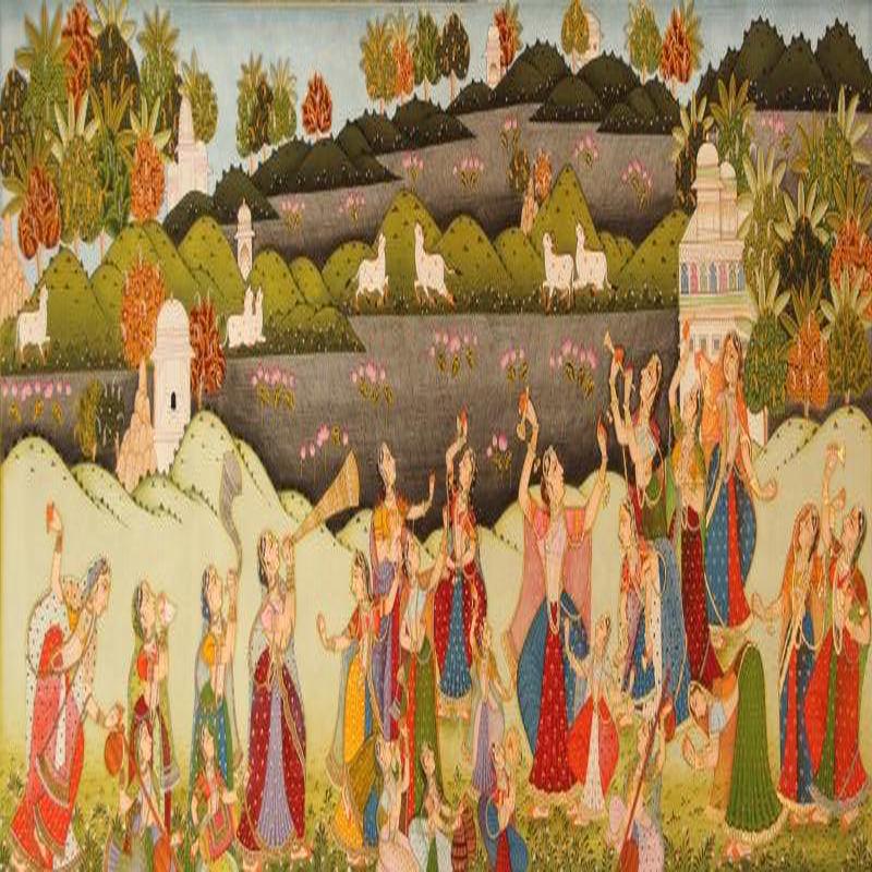 Dancing For Krishna Pichwai Painting (Gopis Celebrating with Music and Dance)