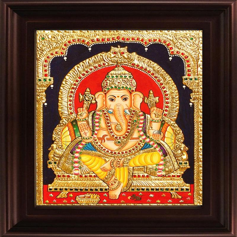 Yellow Dhoti Ganesha Tanjore Painting (Lord Ganesha in Yellow Dhoti)