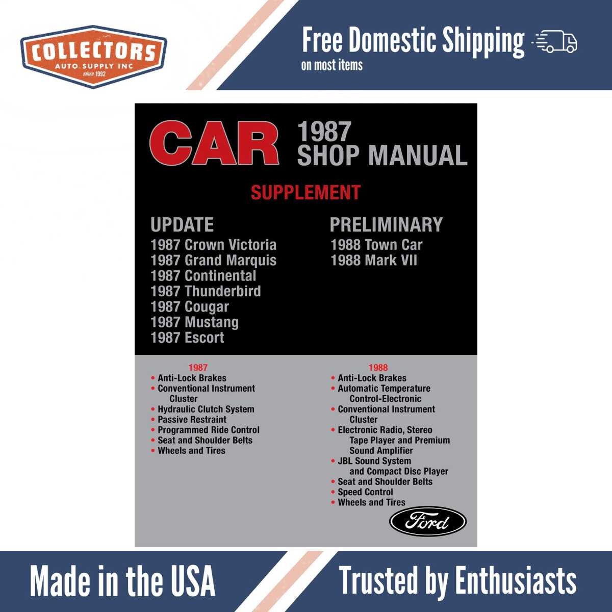 1987 Ford Car Shop Manual Update Supplement - Mustang Cougar Escort Thunderbird Continental Grand Marquis Crown Victoria